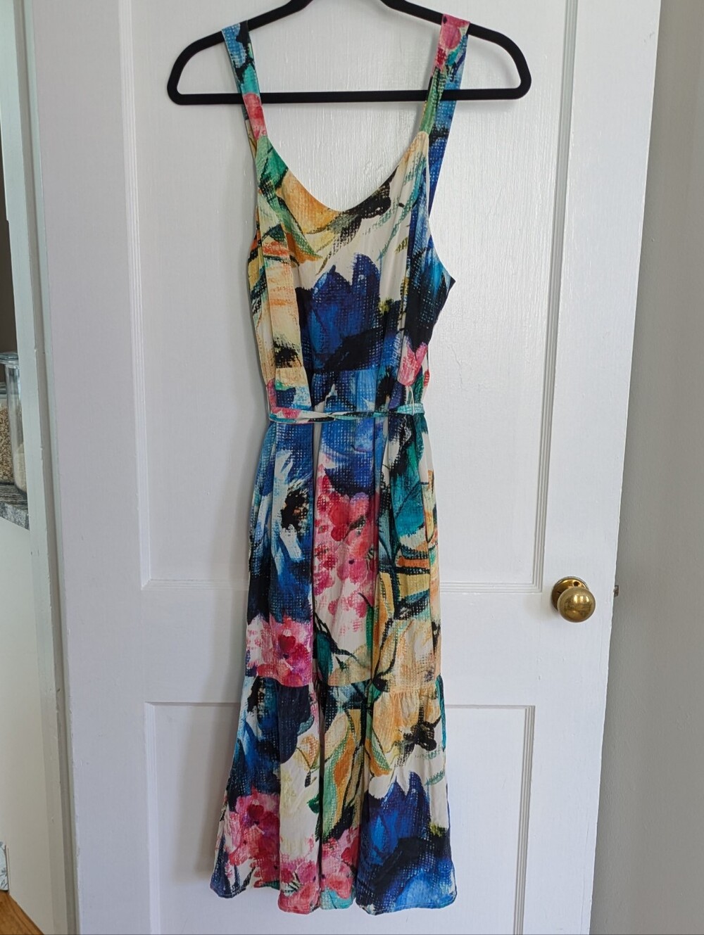 Amour Vert Silk Multicolor Floral Sweetheart Midi Belted Flare Dress Pocket